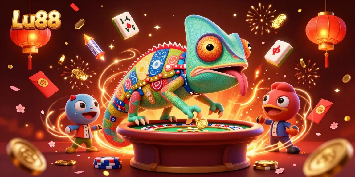 Experience thrilling Lu88 gaming with dynamic chameleon casino owner amid festive decor.