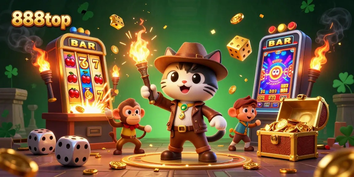 Experience thrilling adventures with 888top as a cartoon cat discovers casino treasures!