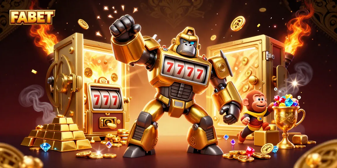 Engage with FABET’s exciting casino experience featuring a golden gorilla mech in action.
