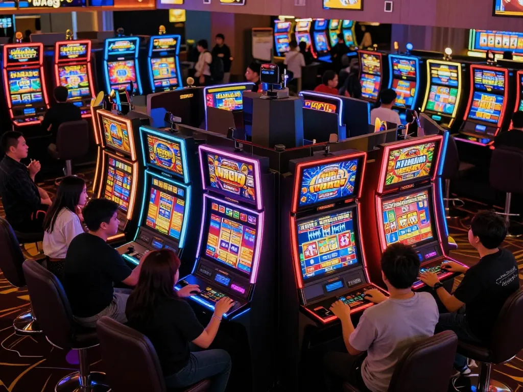 Players enjoying slot gacor games at vibrant casino slot machine area with colorful displays