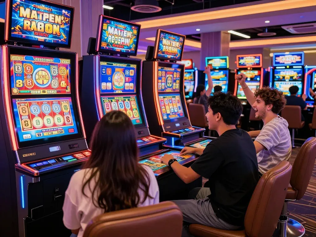 Engaged players celebrating a win at a mahjong slot machine in a vibrant casino atmosphere