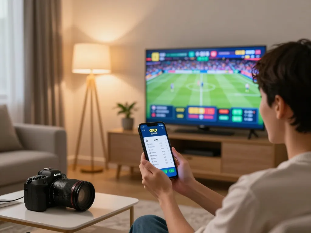 Excited user placing a bet on Ok9 sports app at home, showcasing engaging gambling experience.