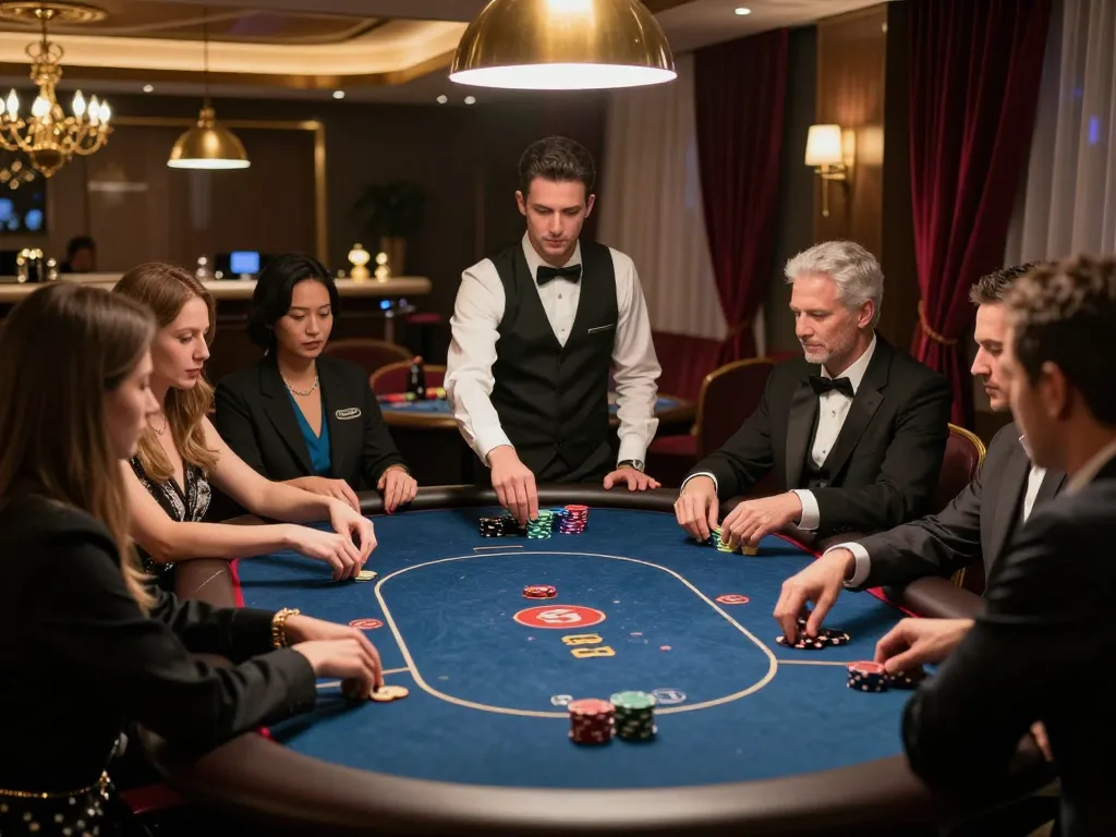 Engaged players strategizing at the exclusive high-roller table of 5699 com casino, illuminated by luxury ambiance.