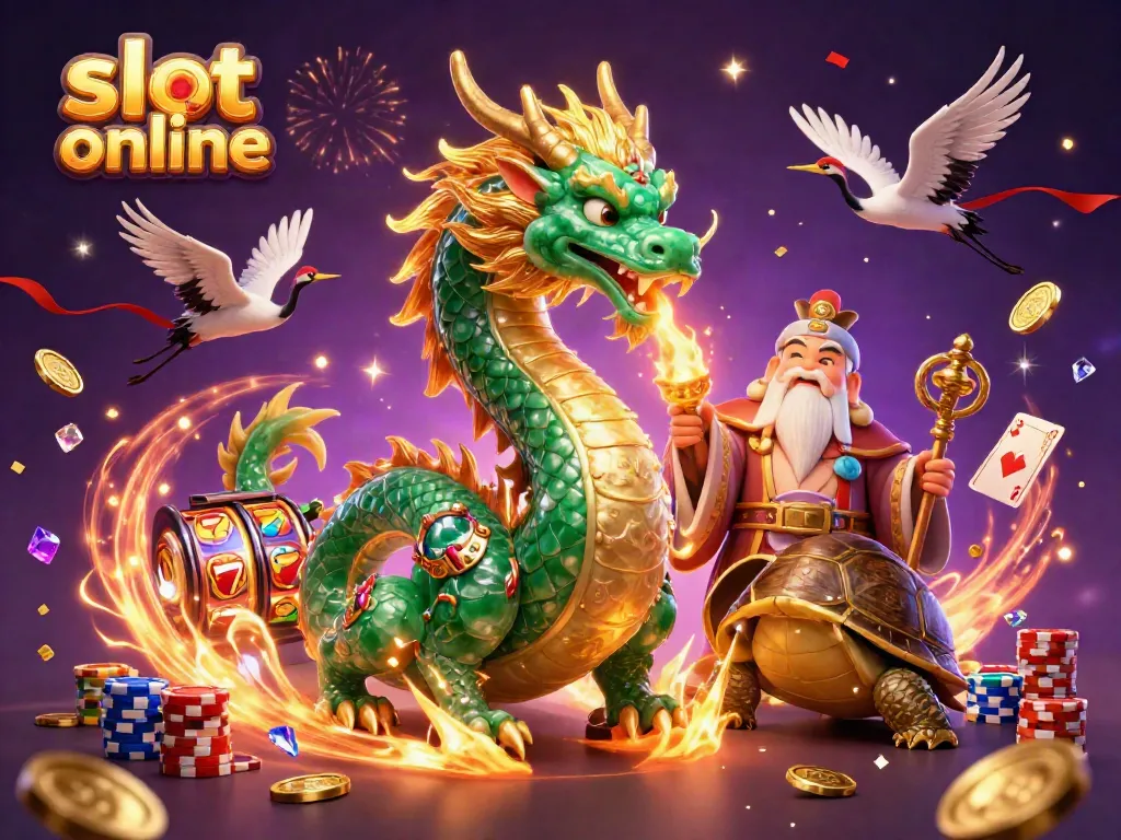 Memenangkan slot online dengan simbol keberuntungan dan detail mesin slot berkilau dalam ilustrasi yang penuh energi.