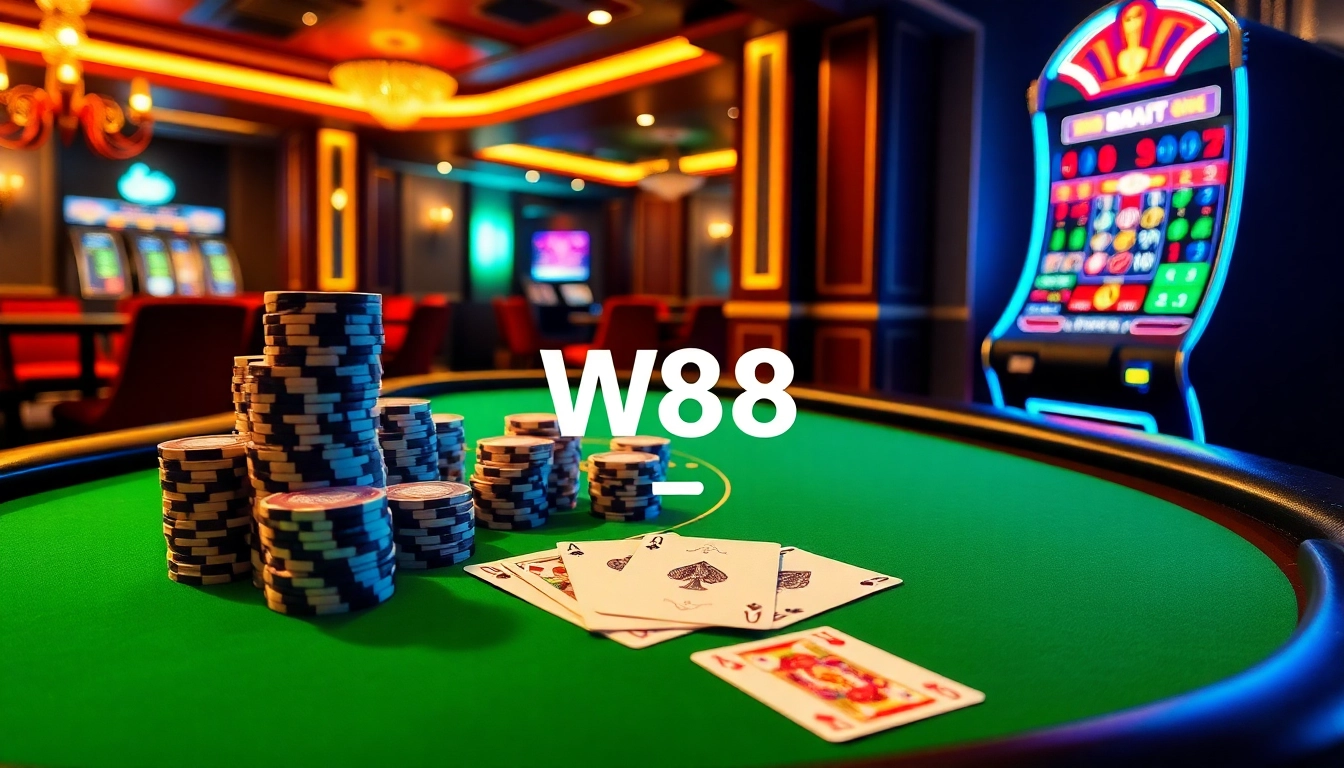 Interactive online gaming scene featuring W88 link, luxury casino elements, poker chips, and cards.