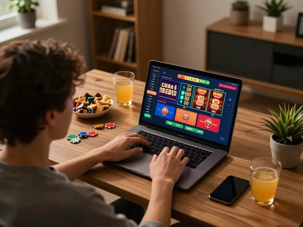 Engaging online gaming session at DOLA88 featuring a laptop display and cozy home setup.