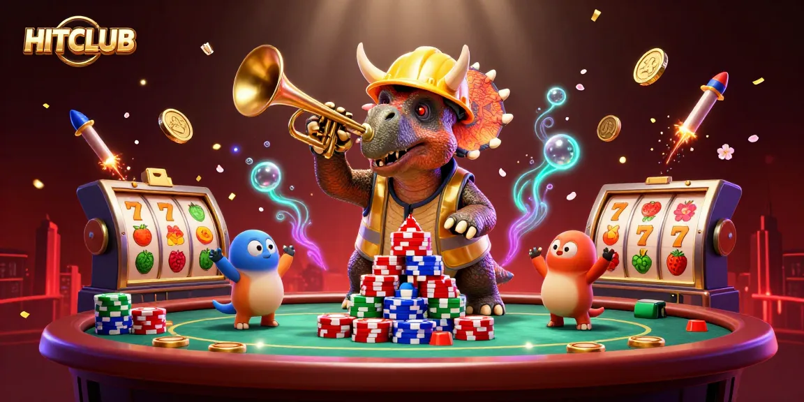 Engage with HITCLUB’s thrilling casino scene featuring vibrant slot reels and playful characters.