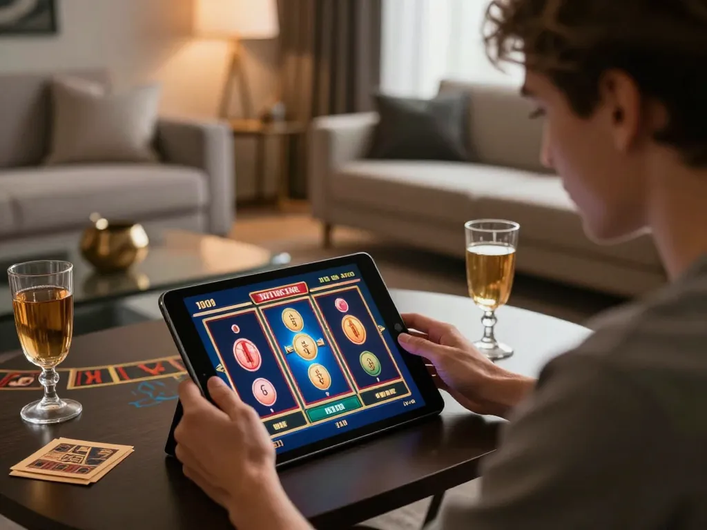 Engaging in thrilling online slots at https://go88vip.it.com/ in a sophisticated home setting with ambient lighting.
