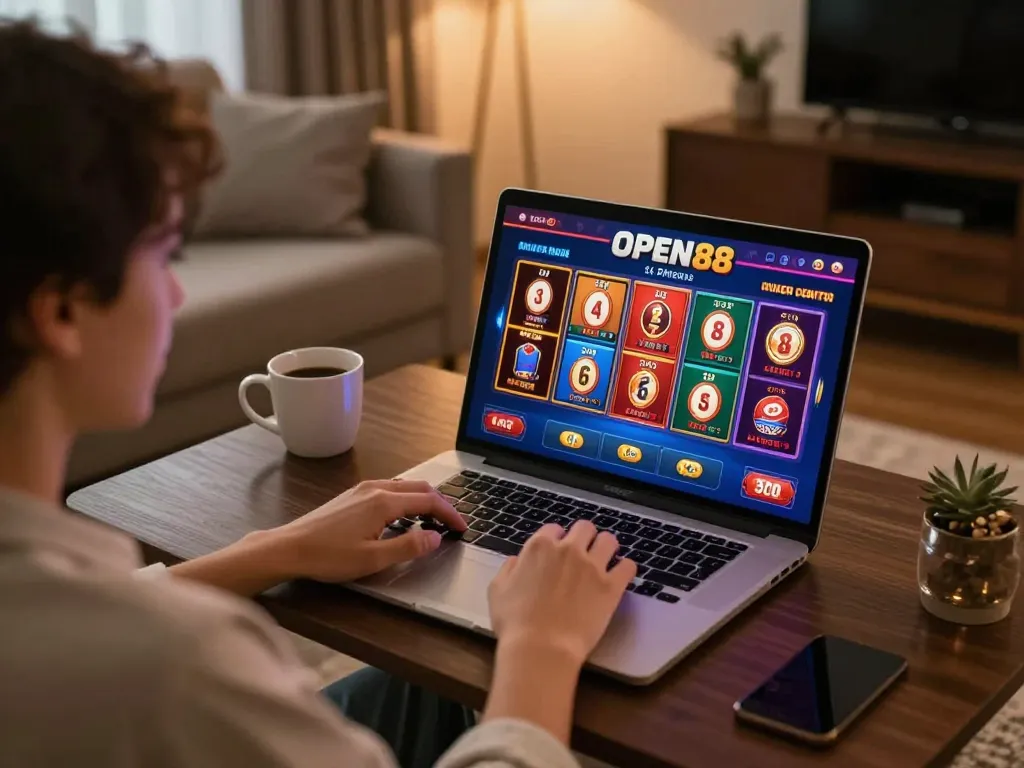 Player enjoying online gaming experience on open88 platform with vibrant slot games displayed.
