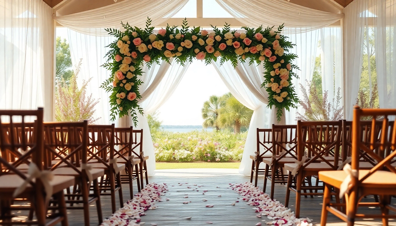 Stunning wedding setup at a Jacksonville Wedding Venue featuring floral arch and natural light.