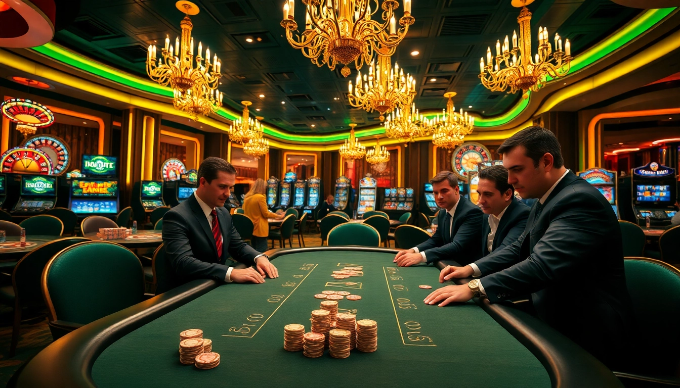 SODO casino scene with players engaged in poker and roulette, showcasing luxury and excitement.
