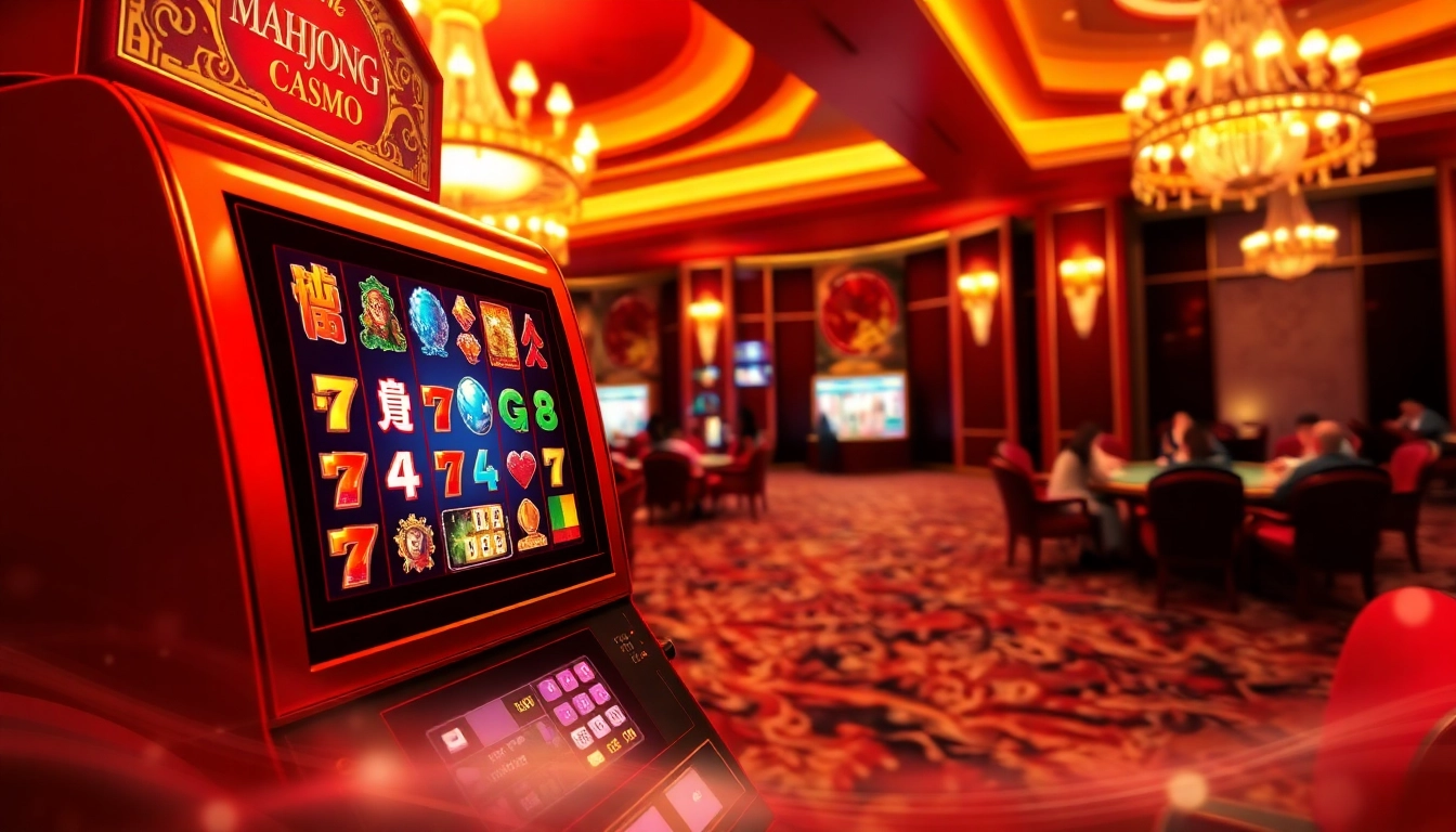 Experience the Mahjong slot demo as players engage with vibrant slot machines in a luxurious casino setting.