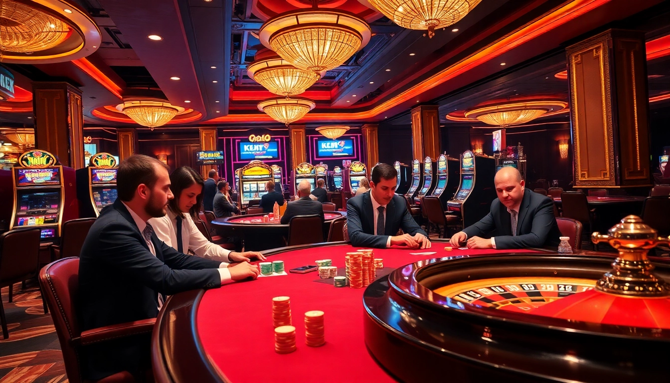 KJC players in an upscale casino engaging in high-stakes poker with vibrant gaming tables and luxury atmosphere.