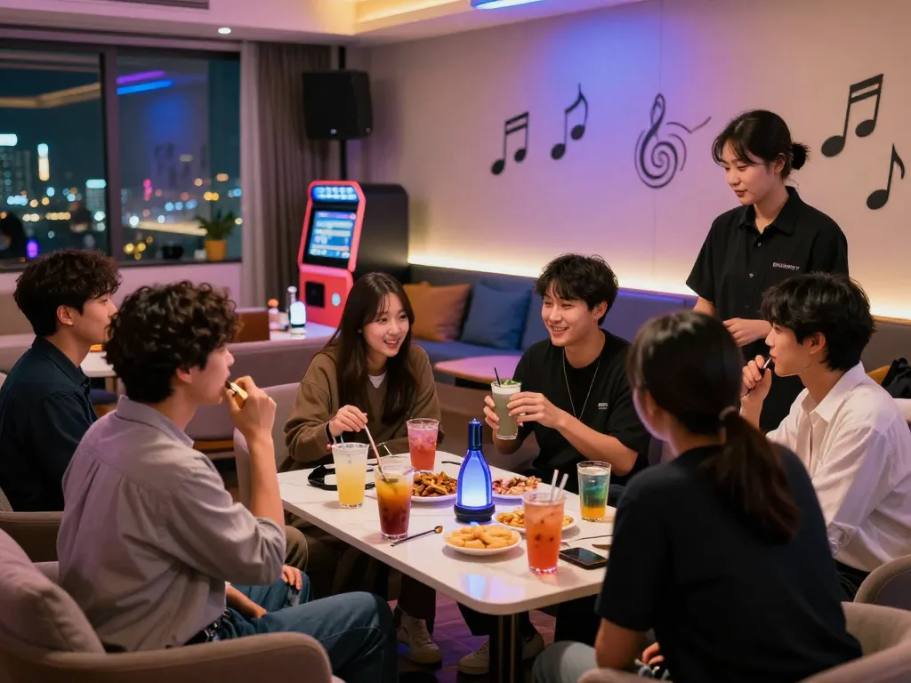 인천쓰리노, 생동감 넘치는 나이트라이프가 있는 트렌디한 룸살롱, 음료와 노래방을 즐기는 젊은 직장인들.