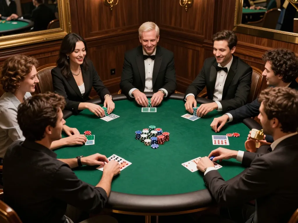 Poker game at 888b with friends enjoying lively competition in a luxurious setting