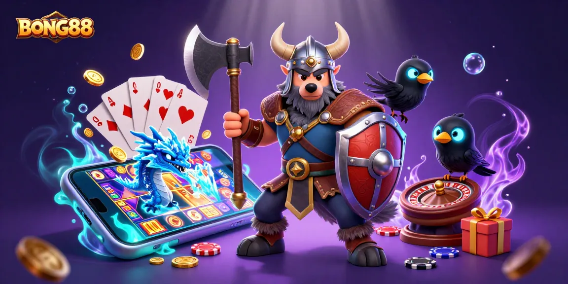 BONG88 engages players with an action-packed illustration featuring a Viking wolf warrior and a fierce dragon amidst vibrant casino elements.