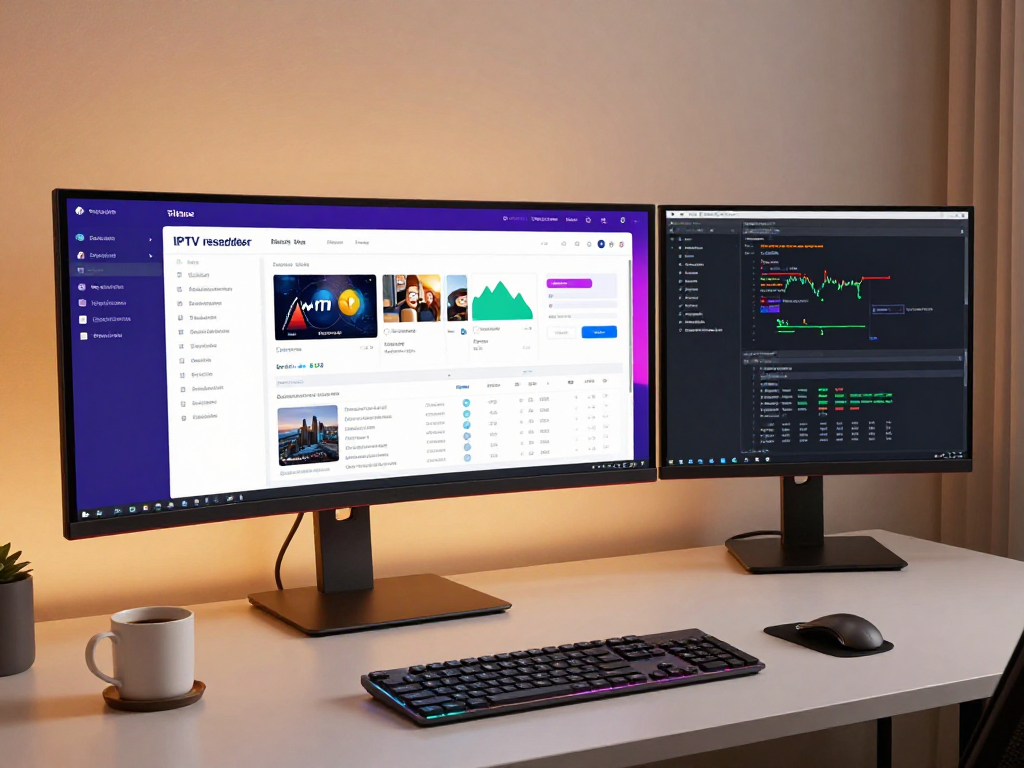 IPTV reseller dashboard showcasing software development and analytics tools on a modern workspace setup.