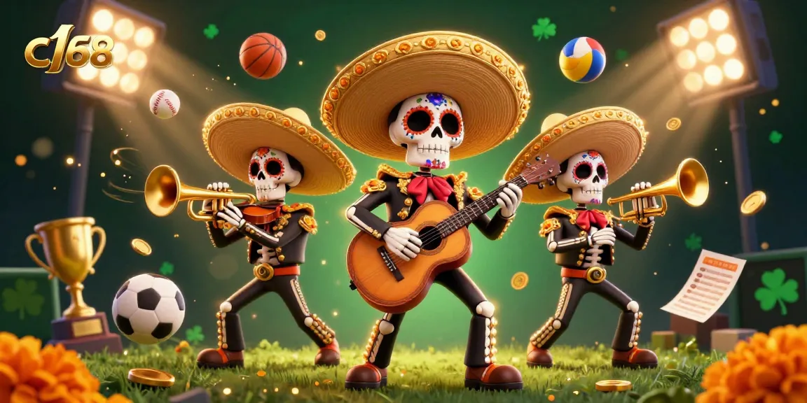 Experience thrilling games at c168 with vibrant mariachi skeletons and dynamic sports elements.