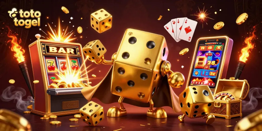 Melihat toto togel yang menarik dengan dadu emas raksasa dan mesin slot berkilau.