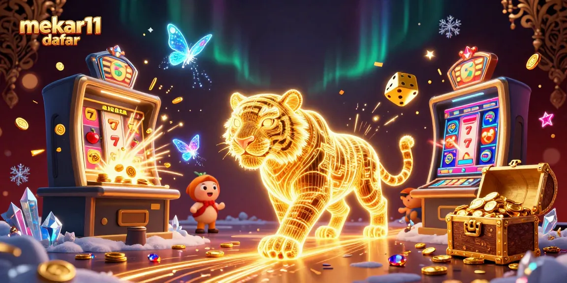 Mekar11 daftar offers exciting gaming with neon tiger and jackpot bursting actions in a vibrant casino environment.