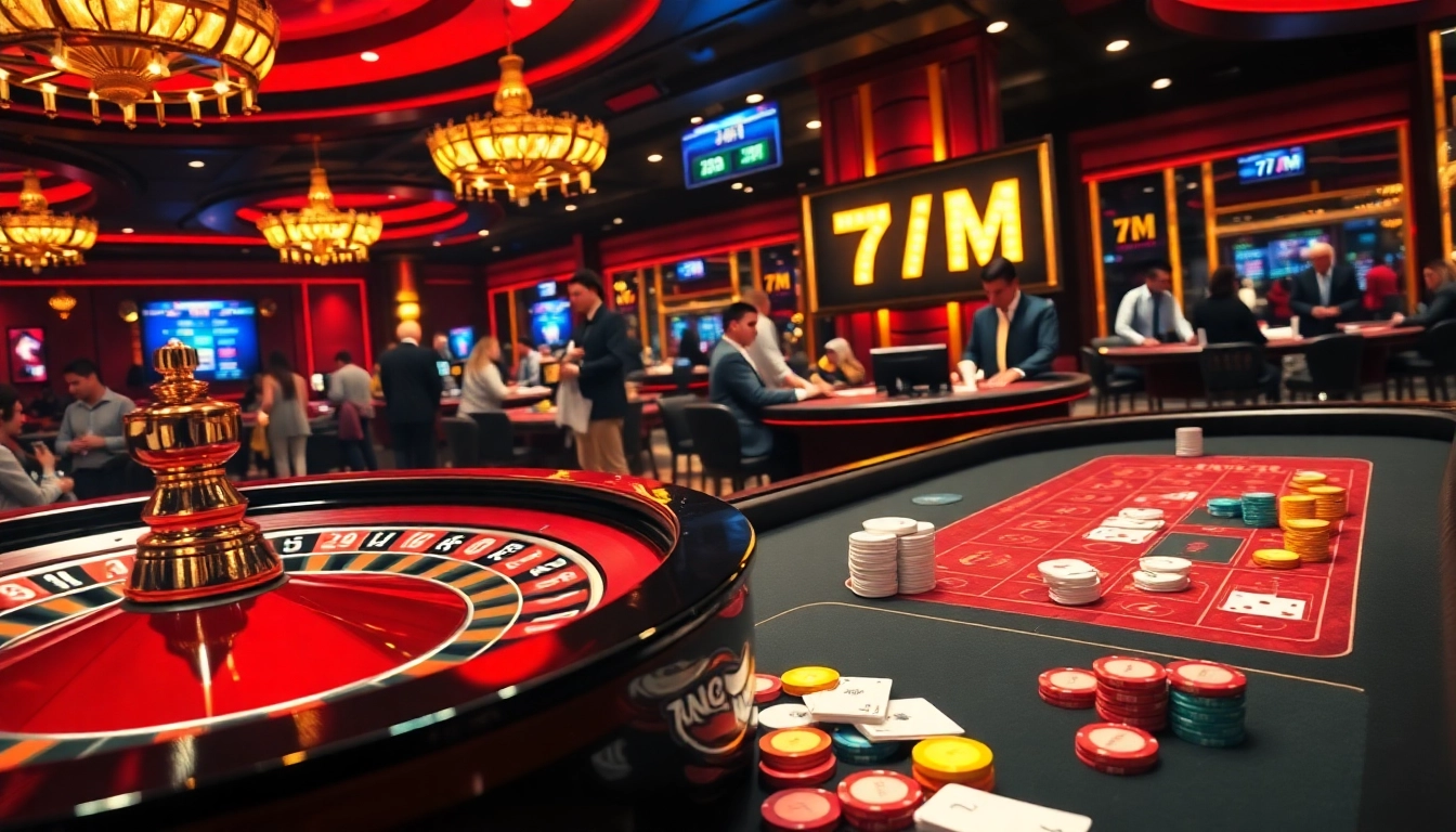 Experience the thrill of 7m live betting with vibrant casino visuals showcasing roulette and poker.