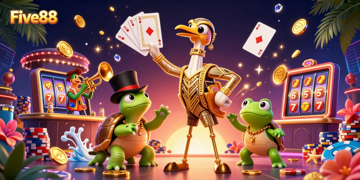 Engage with the vibrant world of Five88 casino's 3D illustration featuring colorful characters and game elements.