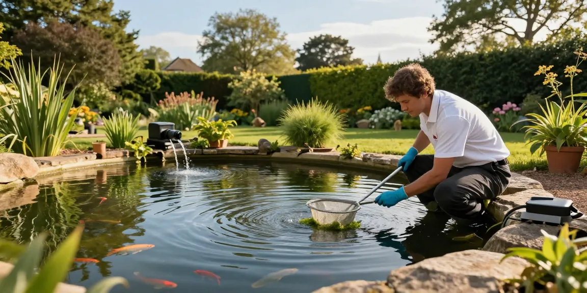 Professional Pond Cleaning Sussex service in action, removing algae in a serene garden pond