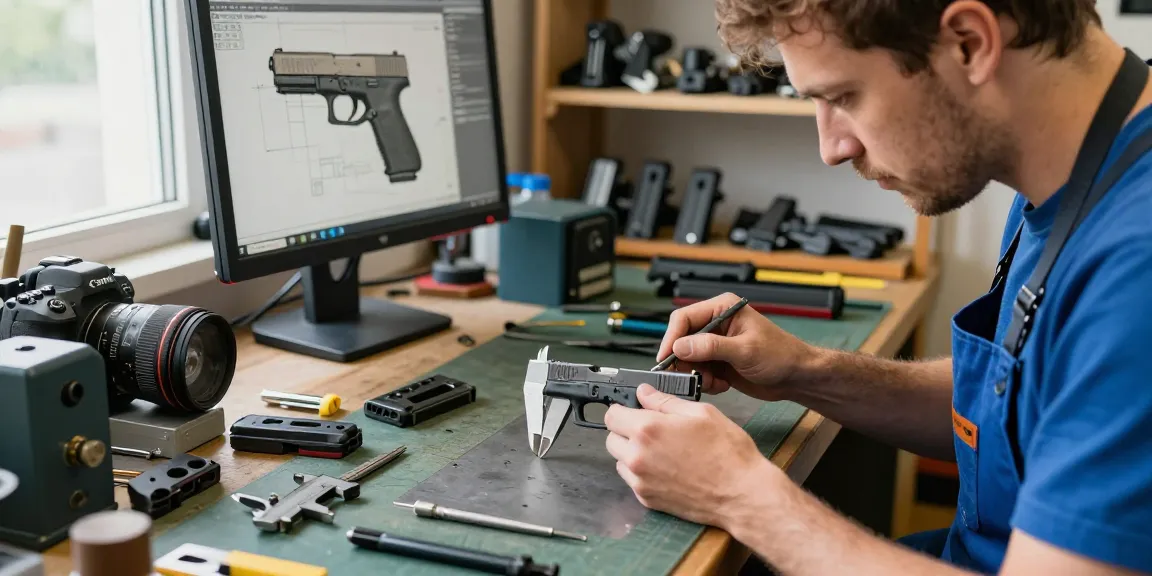 Craftsman inspecting Glock slide components for precision upgrades at https://precisionglockslides.com in a dynamic workshop setting.
