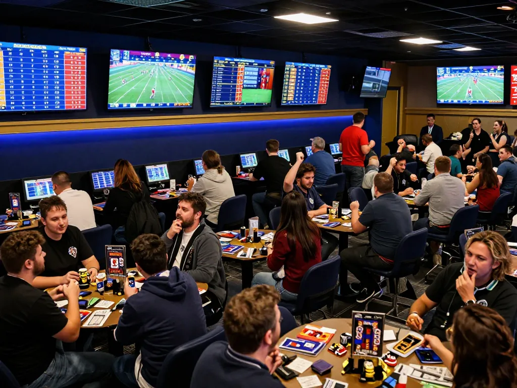 Sports betting enthusiasts tracking live kqbd scores and odds with excitement, showcasing dynamic atmosphere.