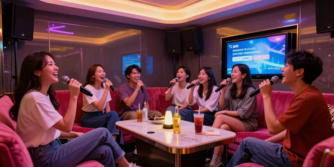 강남 가라오케에서 즐거워하는 친구들의 모습과 화려한 조명