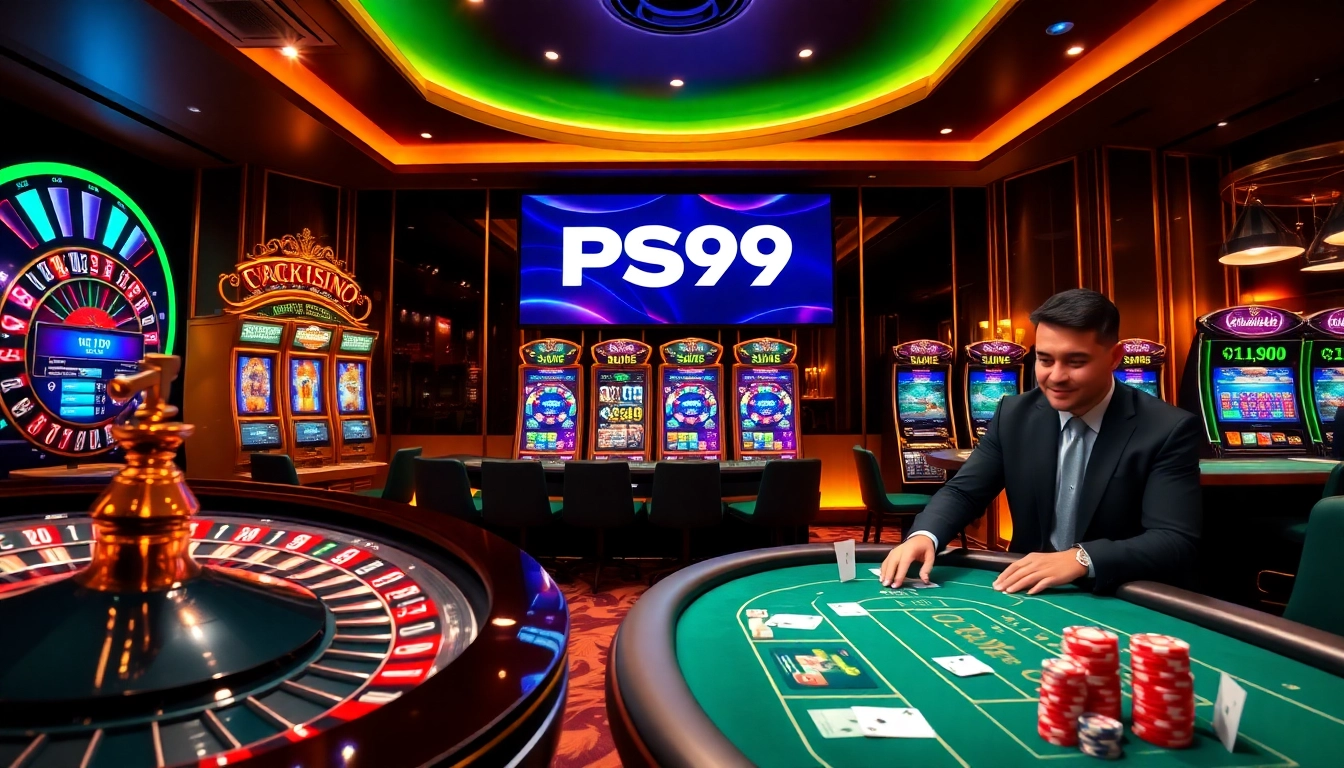 Engaging online gambling scene with PS99 logo featuring slot machines and roulette wheel.