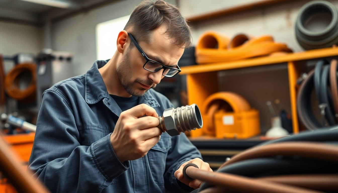 Expert performing hydraulic hose repair with tools in a well-lit workshop setting.