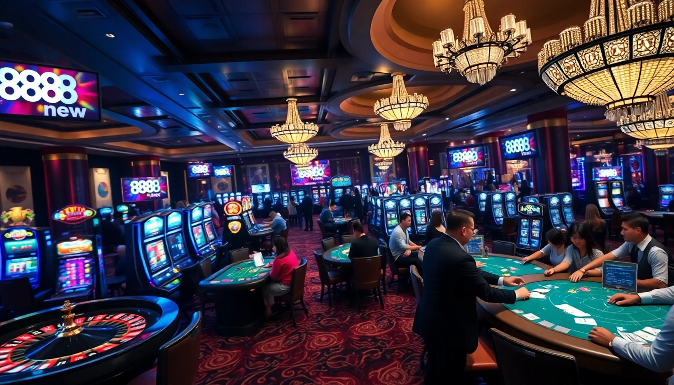 Engaging players at a luxurious casino scene, featuring 888new branding on vibrant gaming tables.
