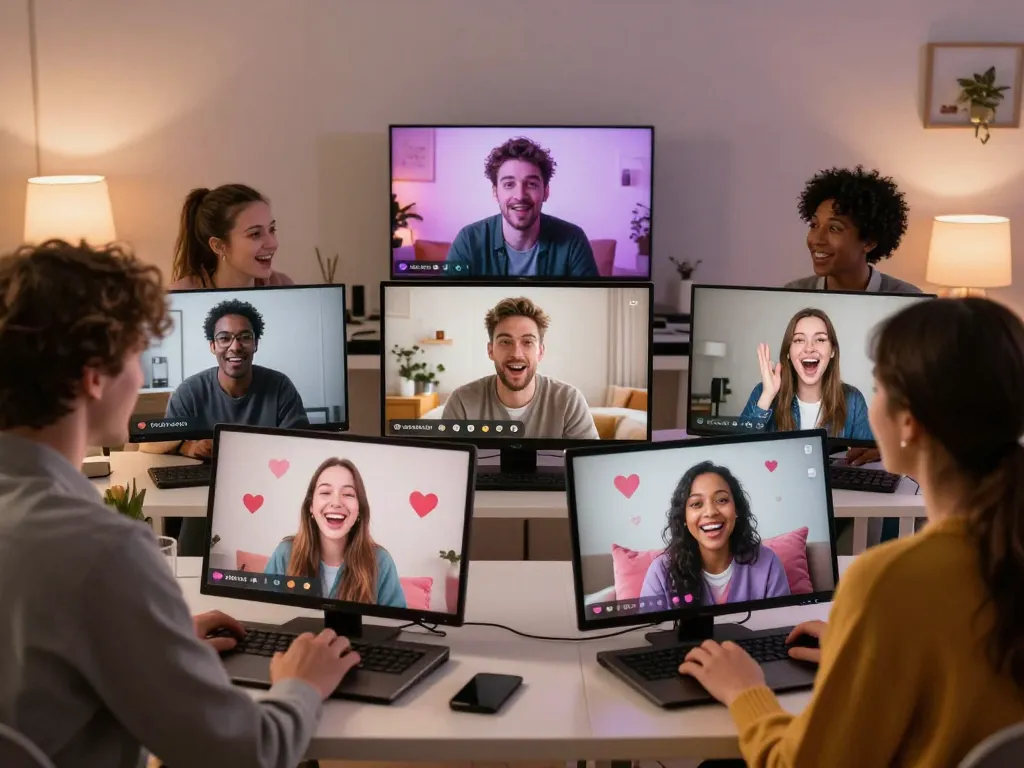 Engaging sexchat scene in a cozy virtual chat room with diverse participants.
