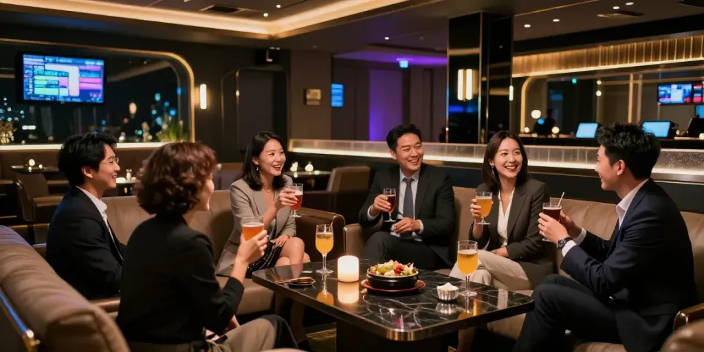 강남 타이밍의 고급스러움을 보여주는 현대적인 유흥 공간의 내부 모습