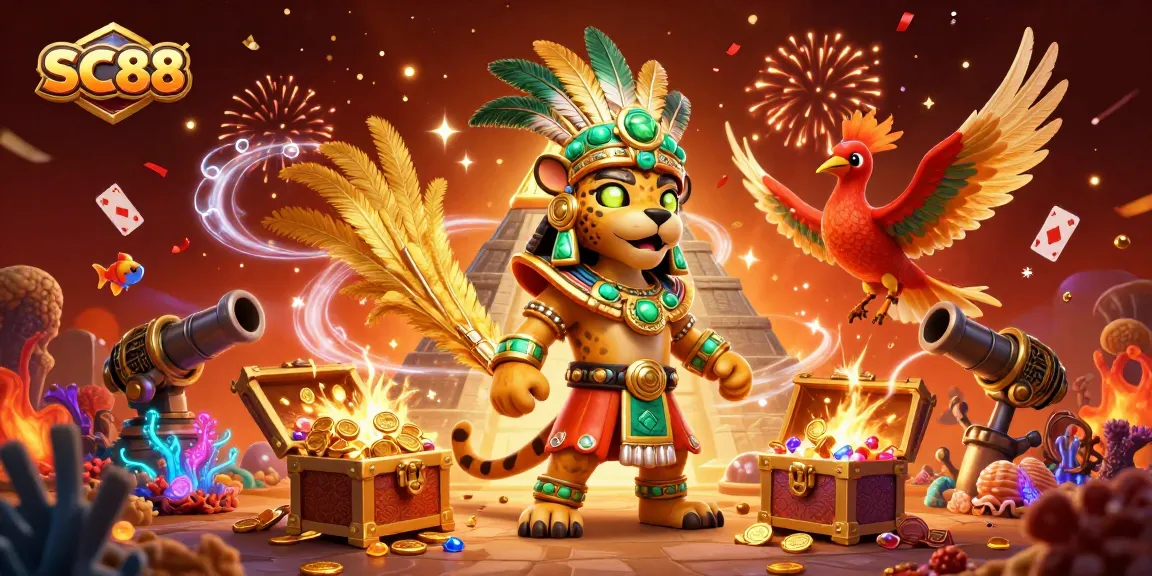 Experience immersive gaming at SC88 with a vibrant 3D illustration of casino elements and celebration effects.