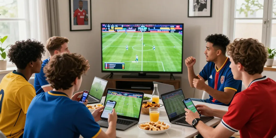 Group analyzing tỷ lệ kèo during a football viewing party with excitement.