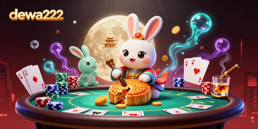 Experience epic wins at dewa222 with a vibrant scene of gamblers enjoying poker chips and moon rabbits.