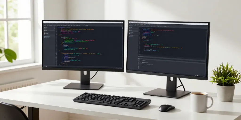 Developer coding with Notepad++ on dual monitors at a modern workspace, showcasing syntax highlighting and productivity.