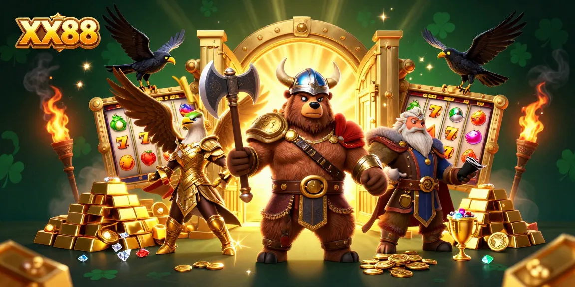 Engage with the XX88 online casino experience, featuring a Viking bear and Valkyrie amidst treasures and slot elements.