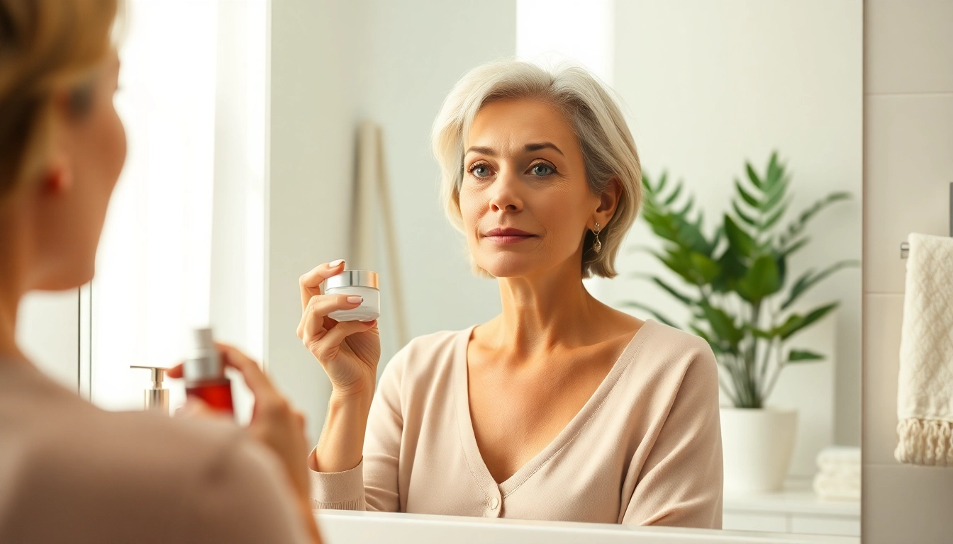 Woman applying skincare to tighten neck skin in a bright bathroom, promoting effective care routines.
