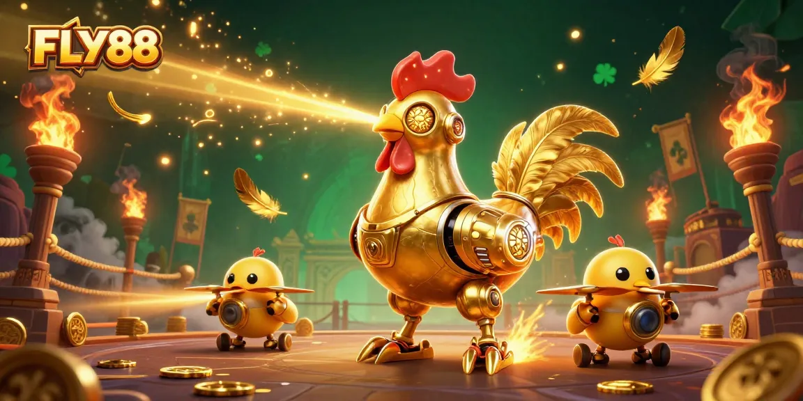 FLY88 showcases a thrilling casino experience with a golden rooster robot and dynamic game elements.