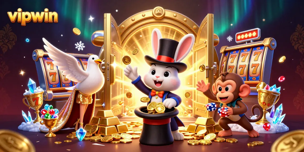 Experience thrilling gameplay with vipwin, a vibrant 3D illustration showcasing a magician rabbit with gold coins and casino excitement.