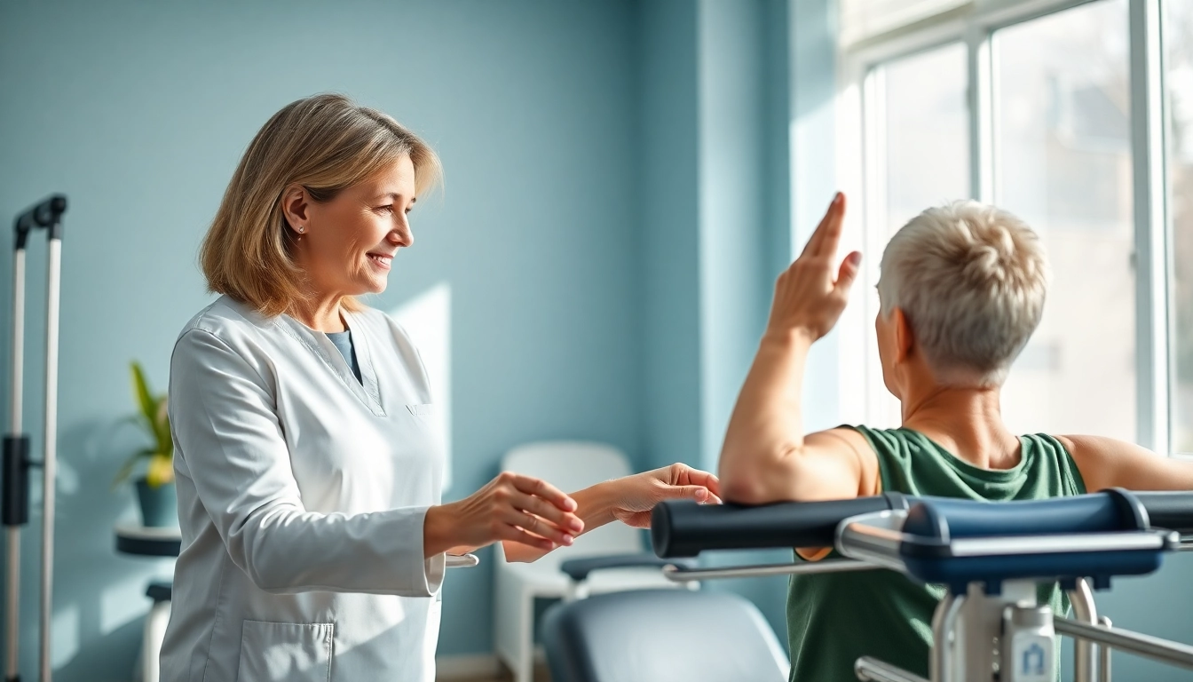 Engaging physiotherapist aiding a patient in a modern clinic, highlighting physiotherapy near me.