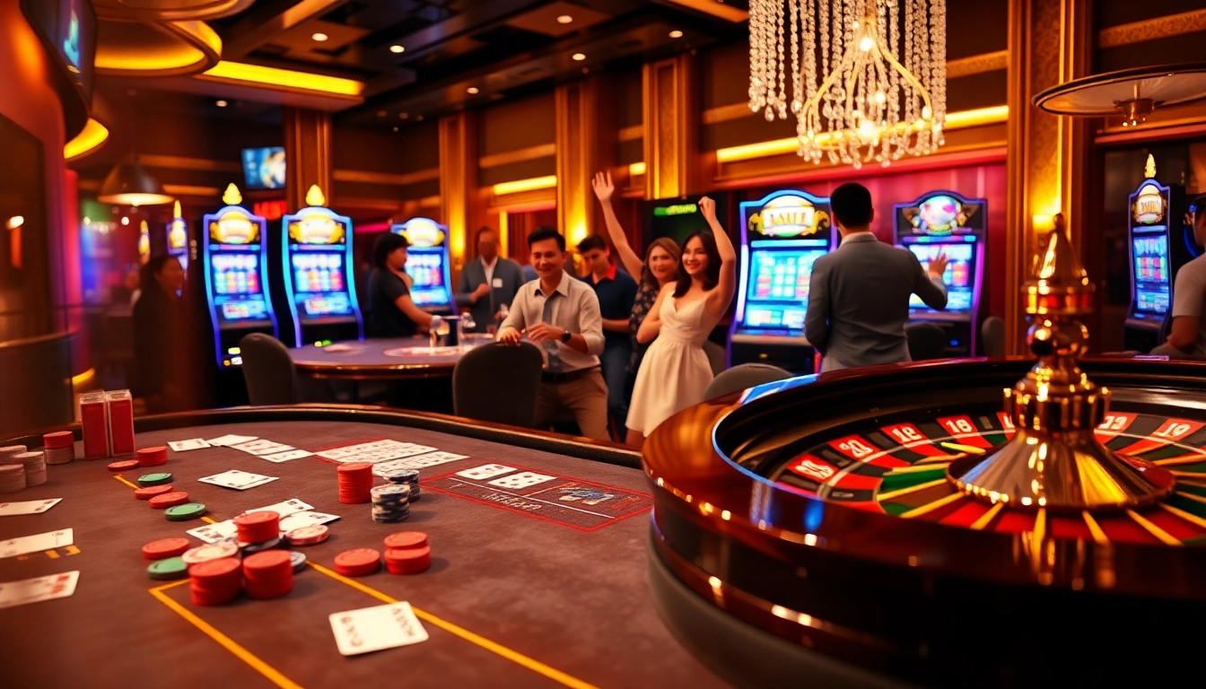 Exciting casino ambiance showcasing Kết quả xổ số with gamblers celebrating wins at the roulette table.