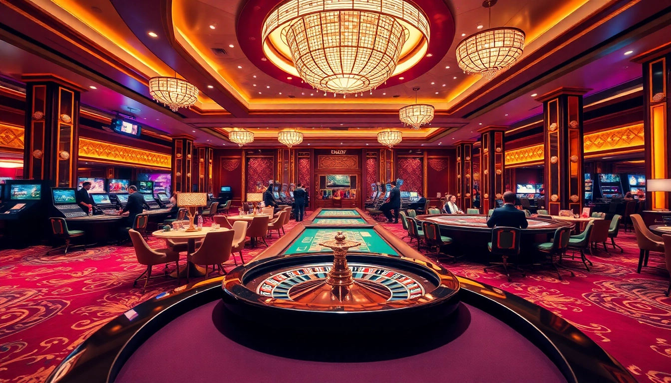 A dynamic casino scene at nhà cái tobet88 featuring players at poker and roulette tables, showcasing excitement and professionalism.