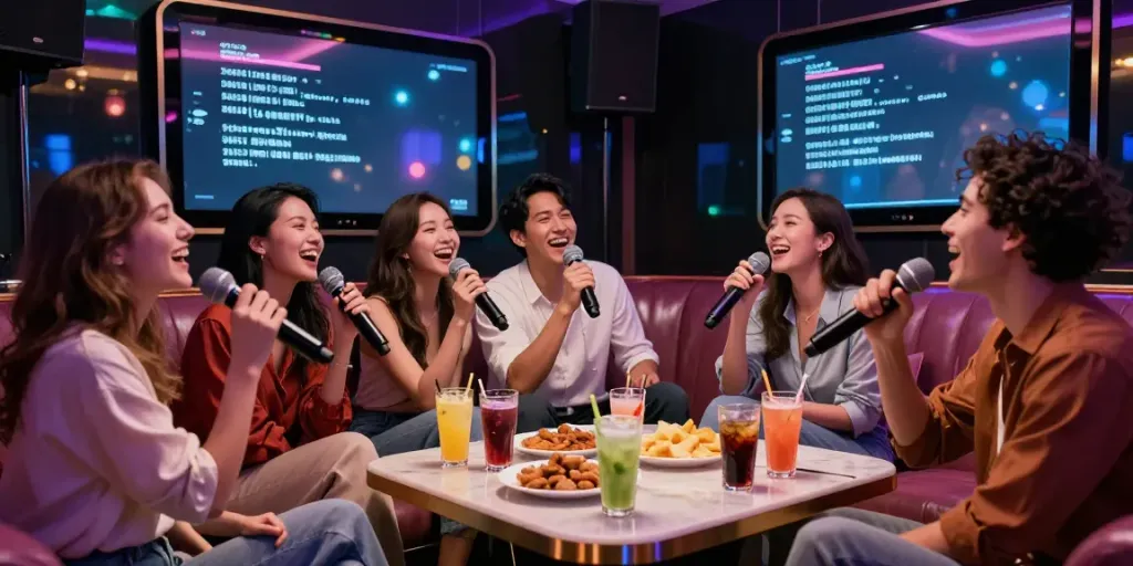 강남 달토의 고급스러운 가라오케 공간에서 친구들이 즐겁게 노래하는 모습