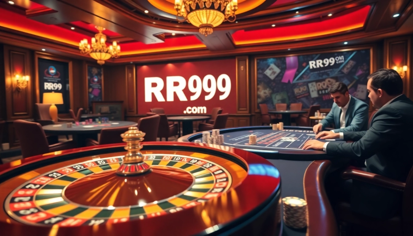 Excitement at RR99 com with players engaged in poker and roulette in a luxurious casino setting.