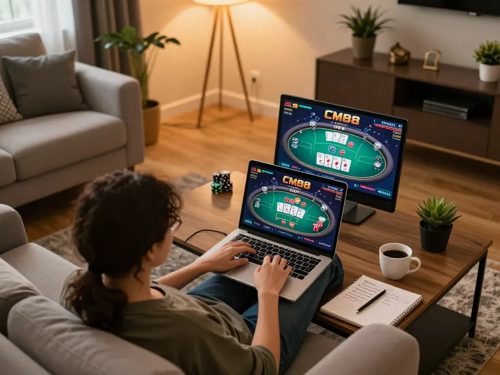 Player engaging in CM88 online casino games from home, cozy setting with notebook and coffee.