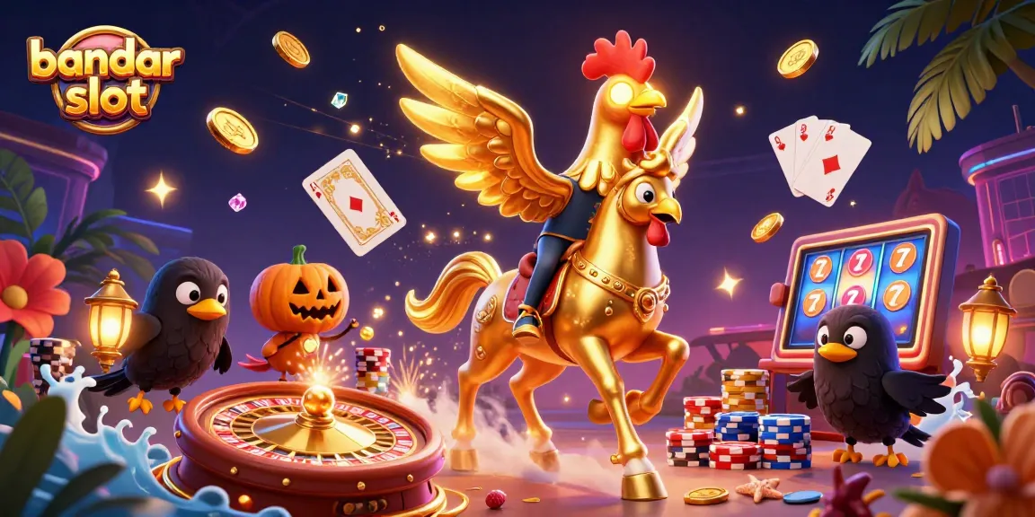 Play at bandar slot with lively golden rooster and crow companions amidst vibrant casino elements.